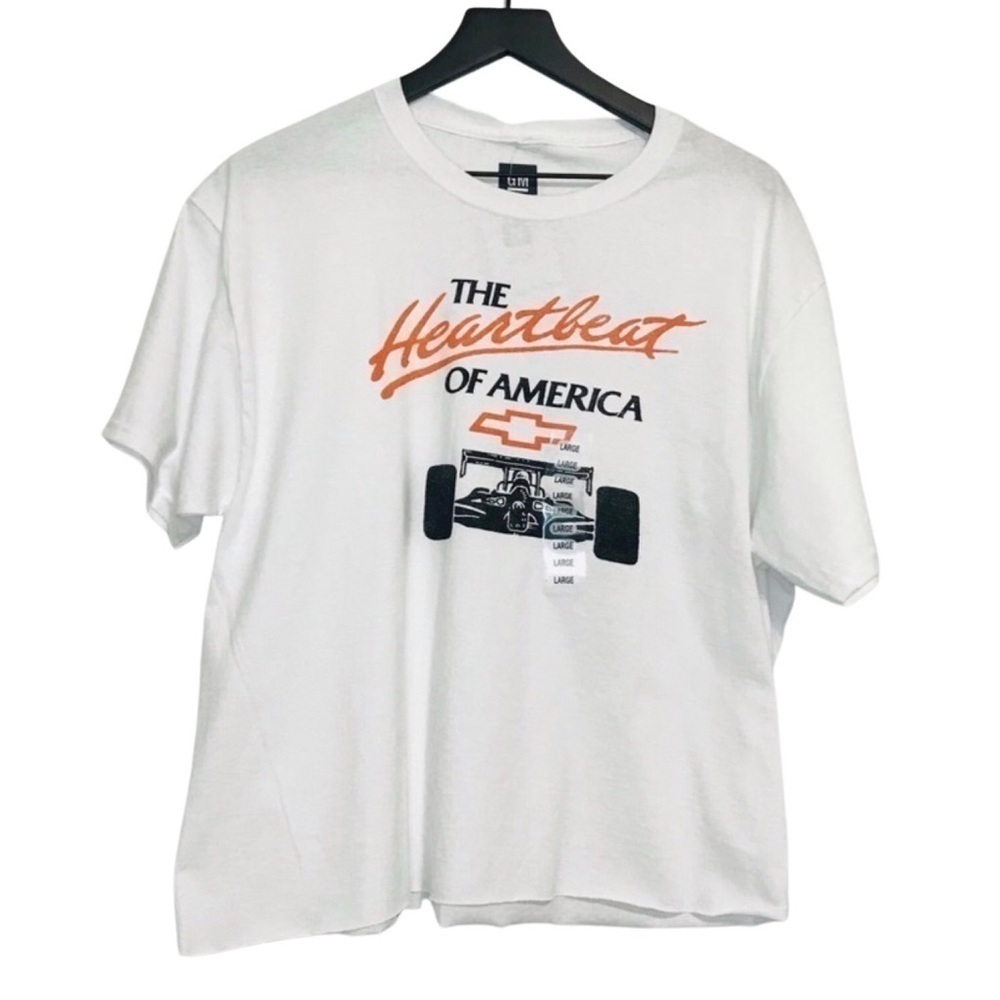 New! GM Chevrolet The Heartbeat of America Race Car Graphic Tee Raw Hem Top